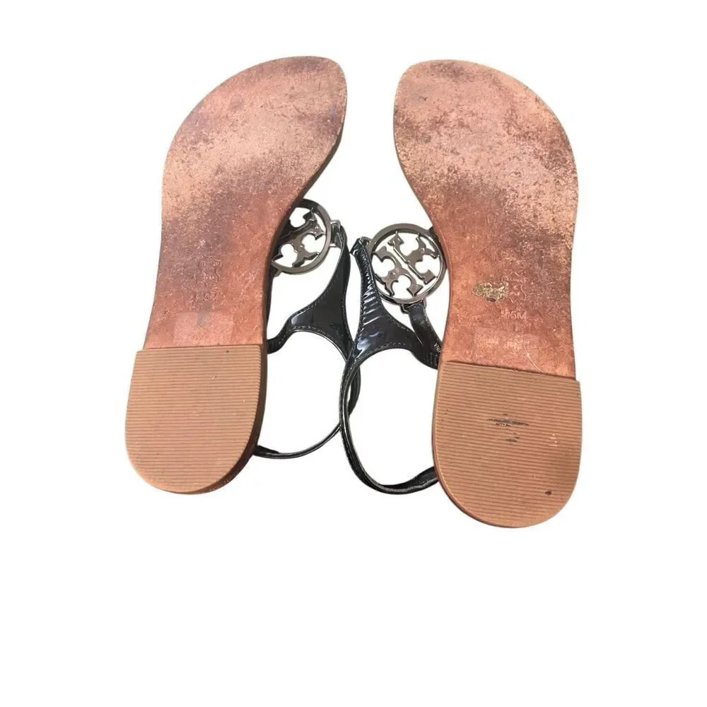 Tory Burch Violet Sandal Shoe sz 9.5 T-Strap Black Leather Rhinestone